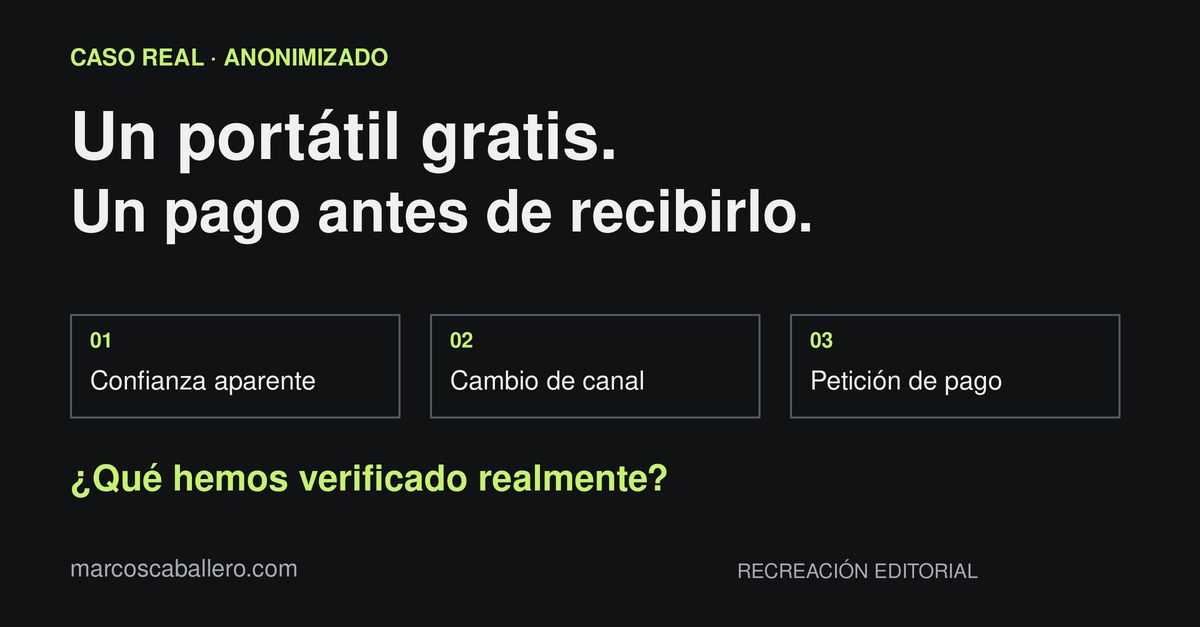 Esquema editorial: confianza aparente, cambio de canal y petición de pago.